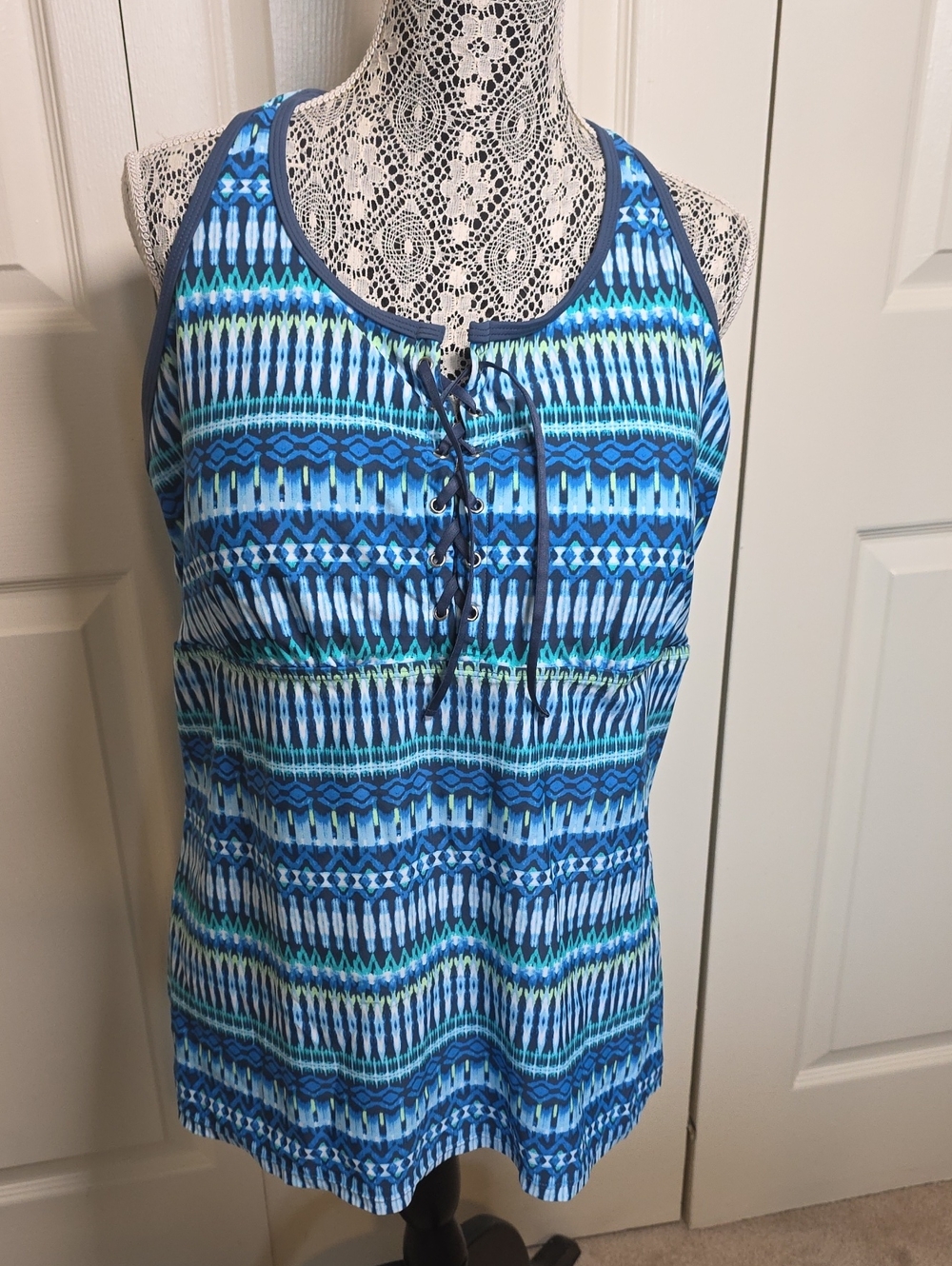 Free Country Blue Multi-Pattern Lace-Up Tankini Top